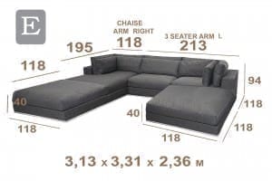 Optie E/2: chaise arm R + 3seater L  + 2 hocker - 3,13 x 3,31 x 2,36